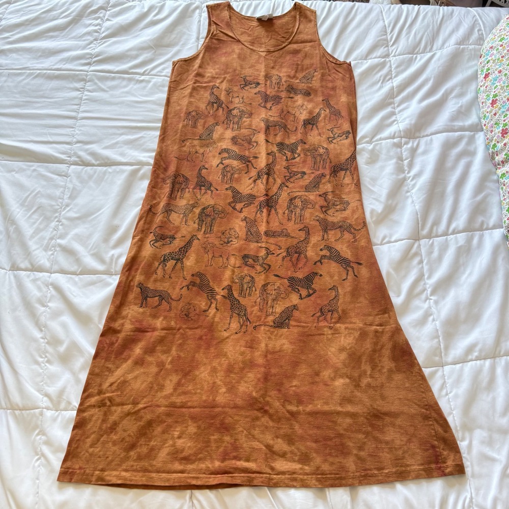 Vintage National Wildlife Federation Safari Animal Print Maxi Dress Rust Cotton